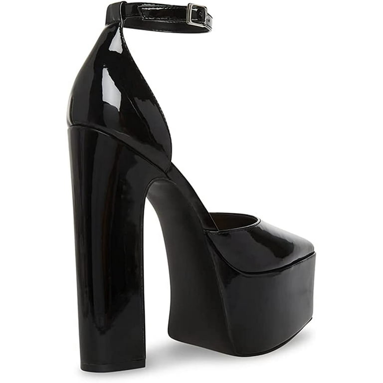 Steve Madden Prompt Black Patent Ankle Strap High Block Heel
