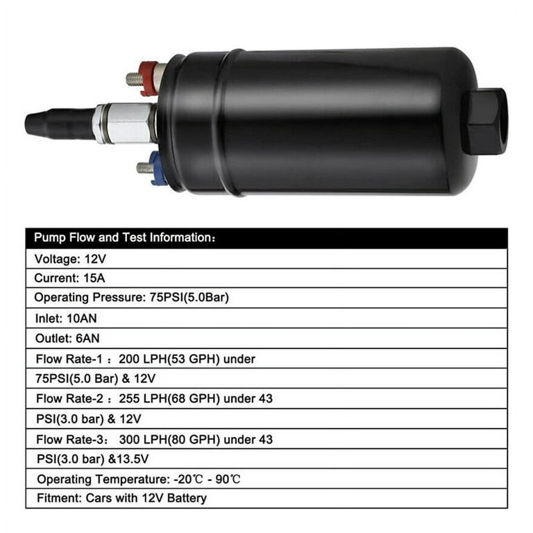 300LPH Universal External Inline Fuel Pump replaces 0580254044 044 E85 Ethanol Compatible, Black