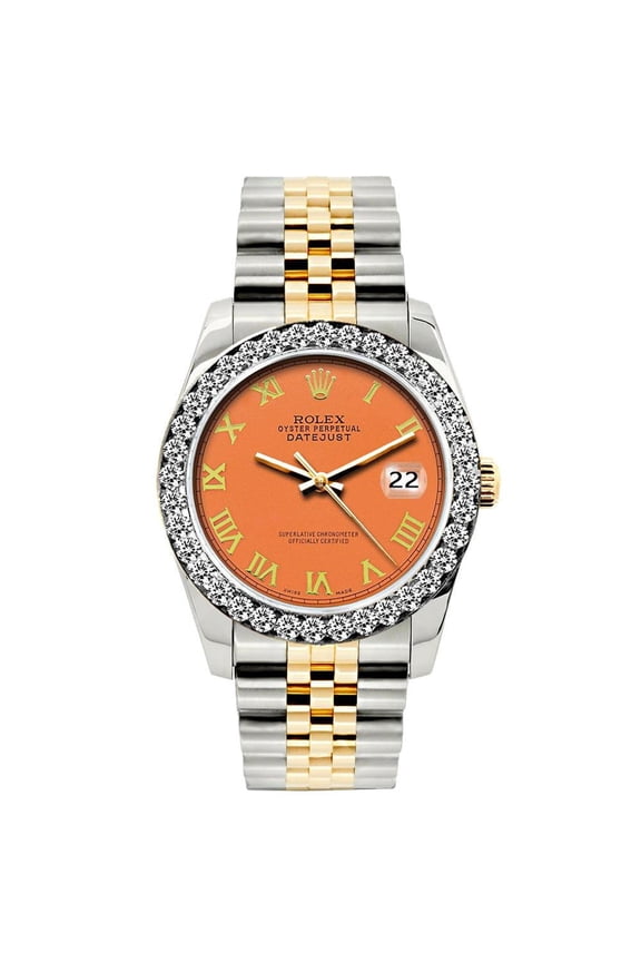 Pre-Owned Rolex Datejust 26MM 69173 Orange Roman Dial Diamond Bezel Two Tone Yellow Gold Jubilee Bracelet 1.2ct