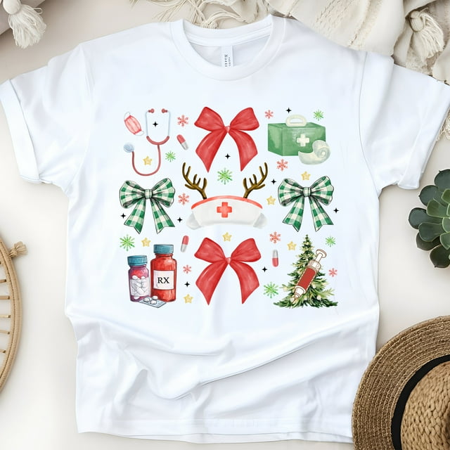 T-shirt de Vacances pour Infirmière / T-Shirt Graphique Médical de Noël, Blanc, Taille 3TG