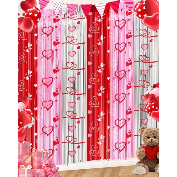 CZQ Valentines Decorations Foil Fringe Curtains for Party,Decorations Red Pink Silver Tinsel Streamer, Valentines Backdrop Heart Decoration for Birthday Wedding（ 2 Pack）