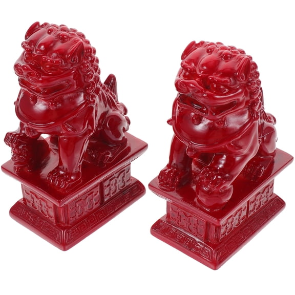 EXHUMKY 1 Pair Chinese Lion Statue Small Dark Red Resin Ornament 6x4x10cm Home Decor