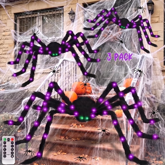 Leyaron Halloween Spider Decorations Set, 5FT and 2 Pack 4FT Lighted Giant Spider Decorations for Halloween Party Indoor Outdoor Yard Home Decor