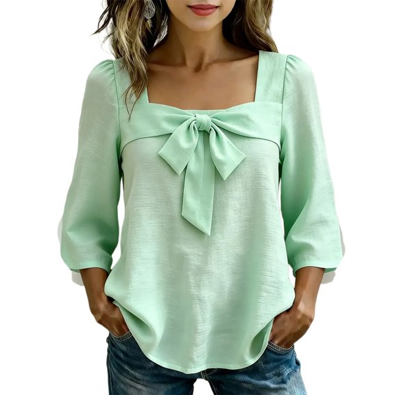 Linen Tops for Women Bow Tie Front Neck 3/4 Puff Sleeve Casual Blouse Loose Fit Soft Summer Daily Tops by Yigetop Green L