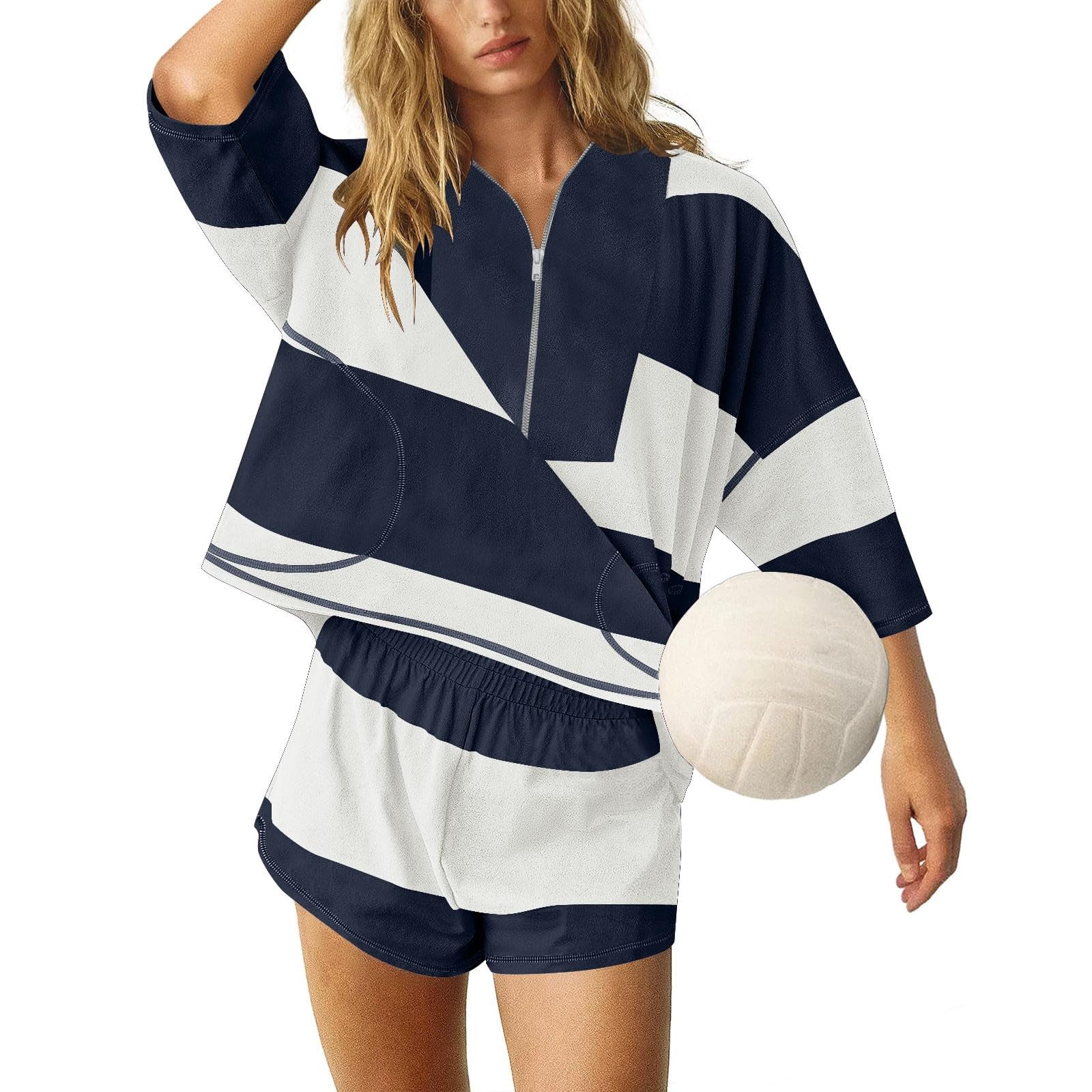 Womens 2 Piece Workout Sets Summer Outfits Striped Matching Lounge Set Oversized Quarter Zip Shirt and Shorts