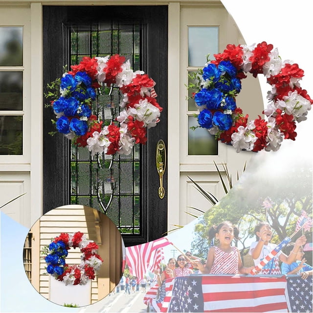 Corona de Bandera Patriótica Rojo, Blanco, Azul Guirnalda Decorativa | Día de la Independencia 4 de julio Día de los Veteranos | Puerta de entrada ligera elegante decoración floral de imitación 1