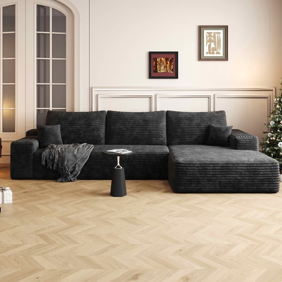 MAYEERTY 107-Inch Black Plush Corduroy 3-Seat L-Shaped Cloud Modular Sectional Sofa, Deep Seat Couch with Chaise No Assembly Required