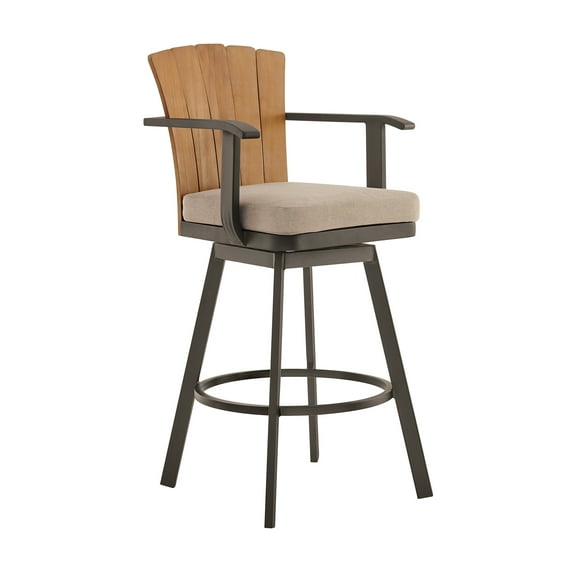 Hazel Outdoor Patio Swivel Bar Stool in Aluminum with Teak Wood & Brown Cushion