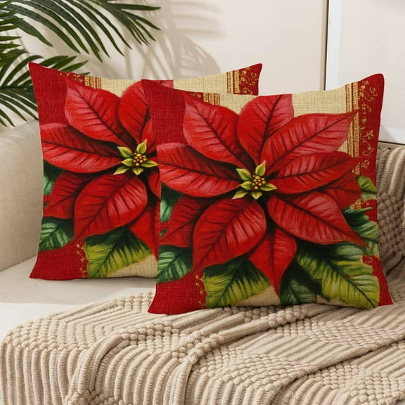 nygtbtfer Merry Christmas Red Floral Throw Pillow Cover Xmas Brilliant Flowers Green Leaves Pillow Cover Home Decor Pillowcase for Couch Style A