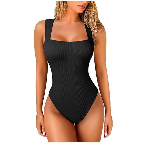Amzcrzy Women's Bodysuits Sexy Ribbed Strappy Square Neck Sleeveless Tummy Control Tank Tops Bodysuits