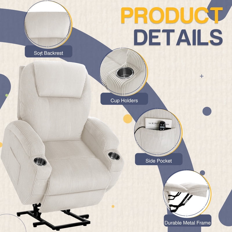 Furmax Electric Power Lift Recliner Soft Corduroy Chair Sofa with with 8 Vibrating Massages Ergonomic Lounge Chair with 2 Cup Holders and Side Pocket,Beige