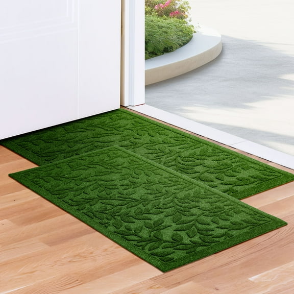 G128 Combo Pack: Home Entrance Green Leaves Door Mats | 17x29.5 in & 23x35 in | Absorbent Natural Rubber Non Slip, Indoor/Outdoor, Easy Clean, Beautiful Welcome Mats for Front Door/Patio/Garage