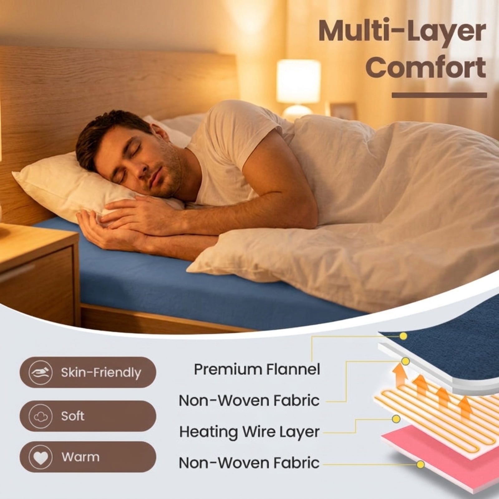 Furnibear Electric Heated Mattress Pad with 5 Heating Levels and Overheat Protection for Bedroom Twin Full Queen Bed Heated Mattress Topper, Blue