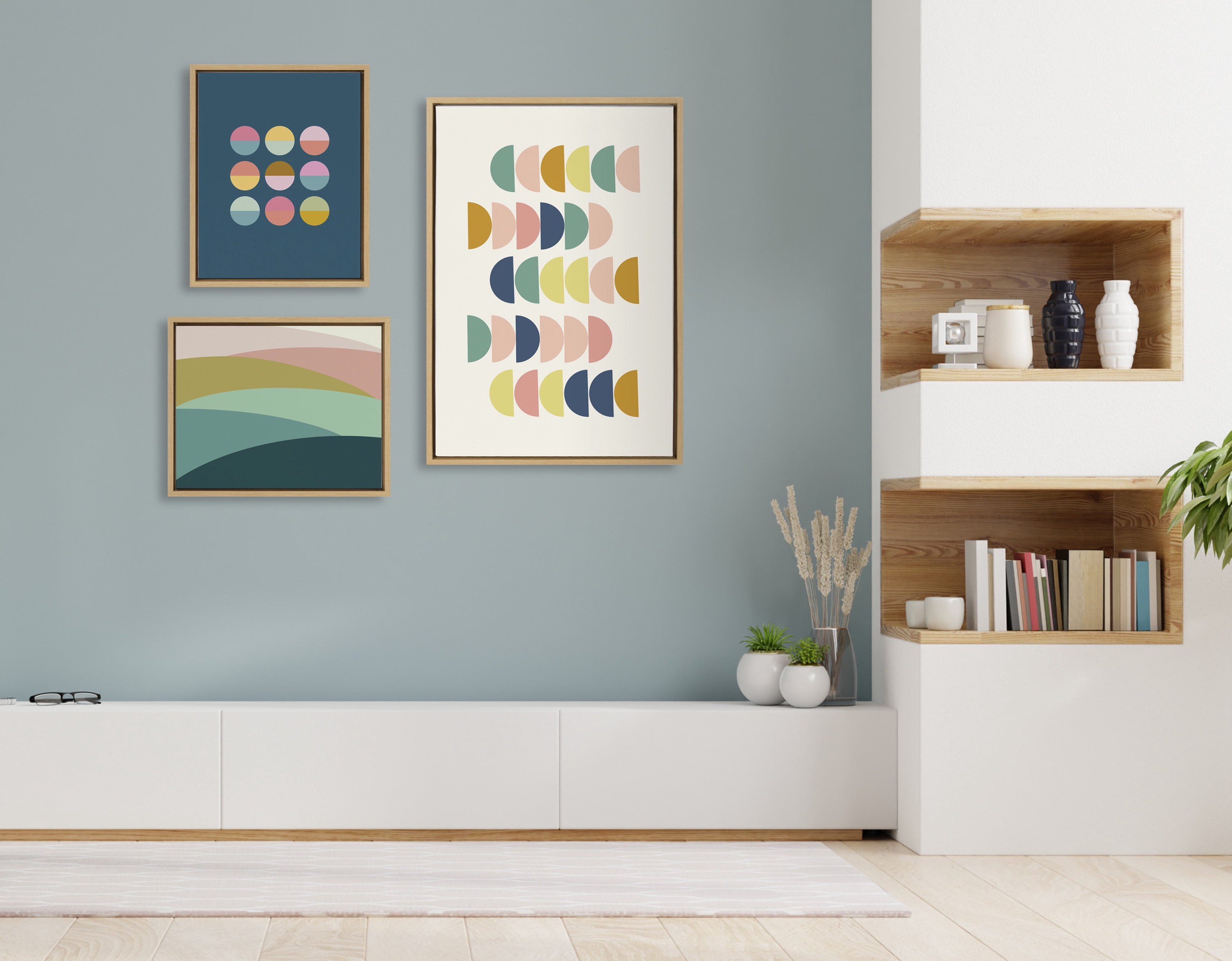 Sylvie Simple Shapes in Soft Colors 23 in x 33 in Framed Painting Canvas Art Prints, by Kate and Laurel Set of 3