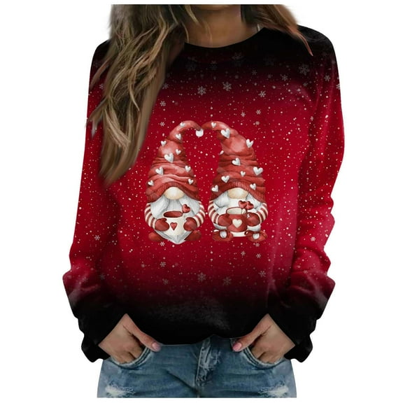 Babysbule Womens Christmas Hoodless Sweatshirt Women's Round Neck Fashion Casual Long Sleeve Christmas Print Sweatshirt Tops Blouse