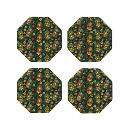 

Tebeau Mask Tropical Flower Print Set of 4 Leather Drink Coasters Round Cup Mat Pad for Home and Kitchen Use 4 -Octagon