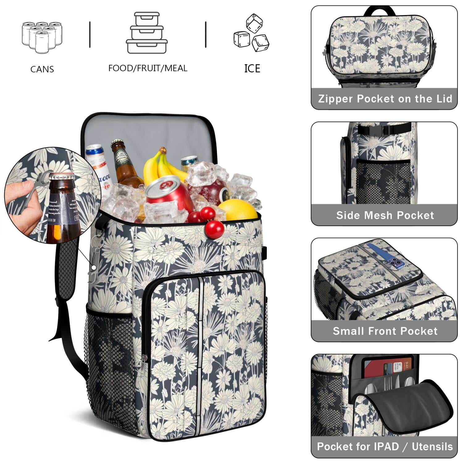 Travel Cooler Bag - Pioneer Flower Floral Print Pattern Camping Beer Cooler Backpack with Bottle Opener- Waterproof Insulated Picnic Backpacks - Cooler Bag for Beach