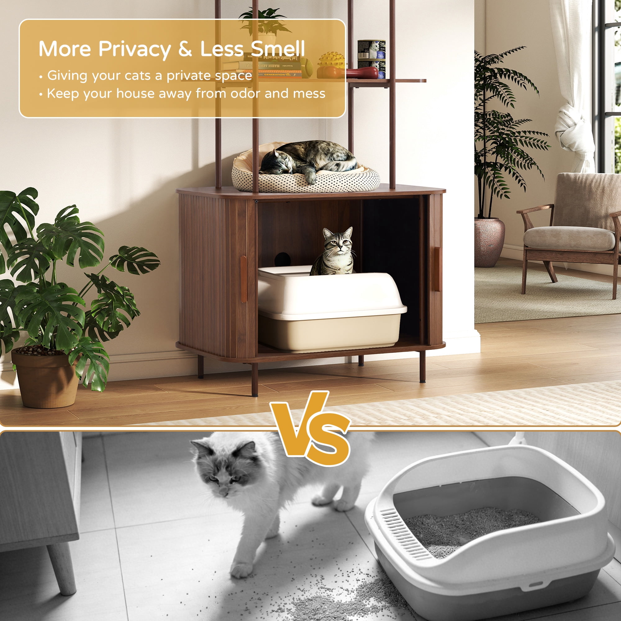 Wirrytor 63" Tall Cat Litter Box Enclosure with Sliding Doors, 3-Tier Hidden Litter Box Cabinet with Anti‑Tip Kit for Living Room, Walnut