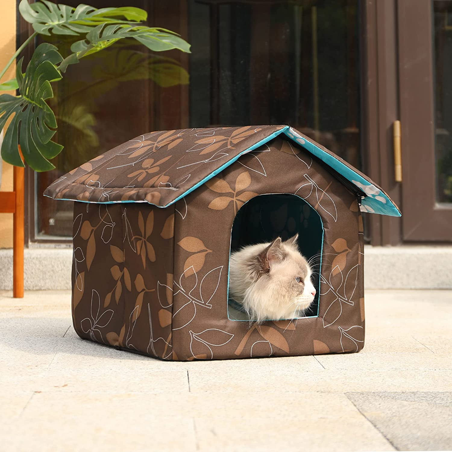 Outdoor Feral cat House for Winter Cats Insulated Waterproof Warm Weatherproof cat Bed Small Dog Kennel,Brown Square
