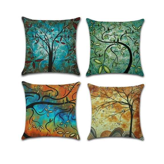 Set of 4 Pillow Covers 18x18, Colorful Birds Tree Design Cotton Linen Fabric Folk Art Tree Birds Green Decorative Indoor / Outdoor Throw Pillow Case Set 45x45cm