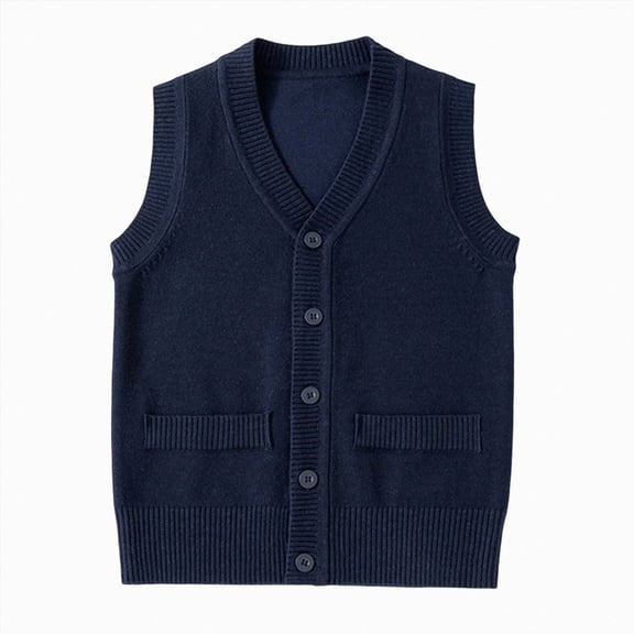 CAICJ98 Girls Boys Uniform Cotton V-Neck Sweater Vest Knit Sweater Cardigan with Button Fall Clothes (Navy,7-9 Years)