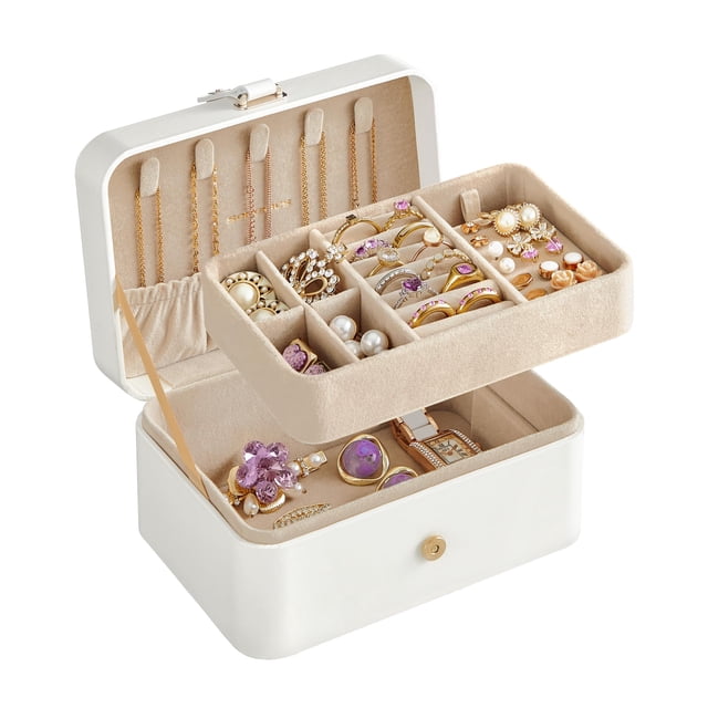 SONGMICS Joyero, Organizador de Joyas de 2 Capas, Joyero de Viaje, Almacenamiento de Aretes Versátil y Portátil, para Accesorios Más Grandes, Regalos para Mujeres y Niñas, Blanco Nube UJBC166W01