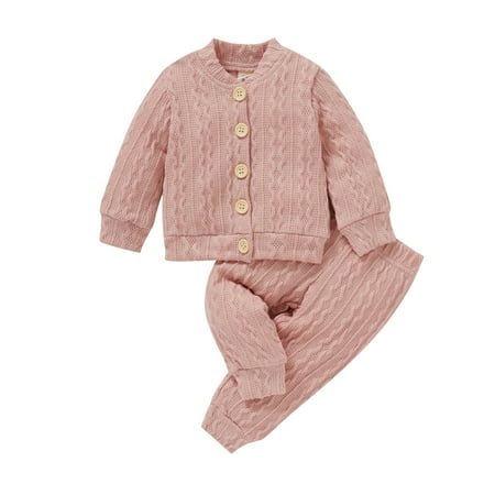 

Haite Baby Knitted Stand Collar 2Pcs Outfit Suit Casual Long Sleeve Cardigan + Pants Set Holiday Buttons Solid Color Fall Outfits