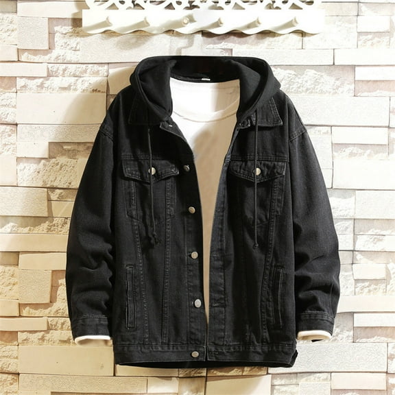 uublik Men's Motorcycle Jean Jacket Button Pocket Long Sleeved Hooded Denim Jacket Black