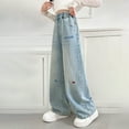 thumbnail image 7 of Girls Wide Leg Jeans Kids Elastic Waist Pull On Stretchy Baggy Denim Pants with Pockets 5-14 Years Cute Wide Leg Casual Denim Pants Boys Straight Leg Jeans Size 10, 7 of 7