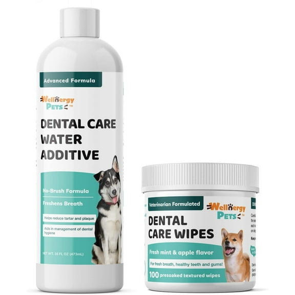 Wellnergy Pets Dental Care Combo for Dogs & Cats - Dental Water Additive 16 fl oz & Dental Wipes 100 Pads - Improves Oral Hygiene, No Brush Formula