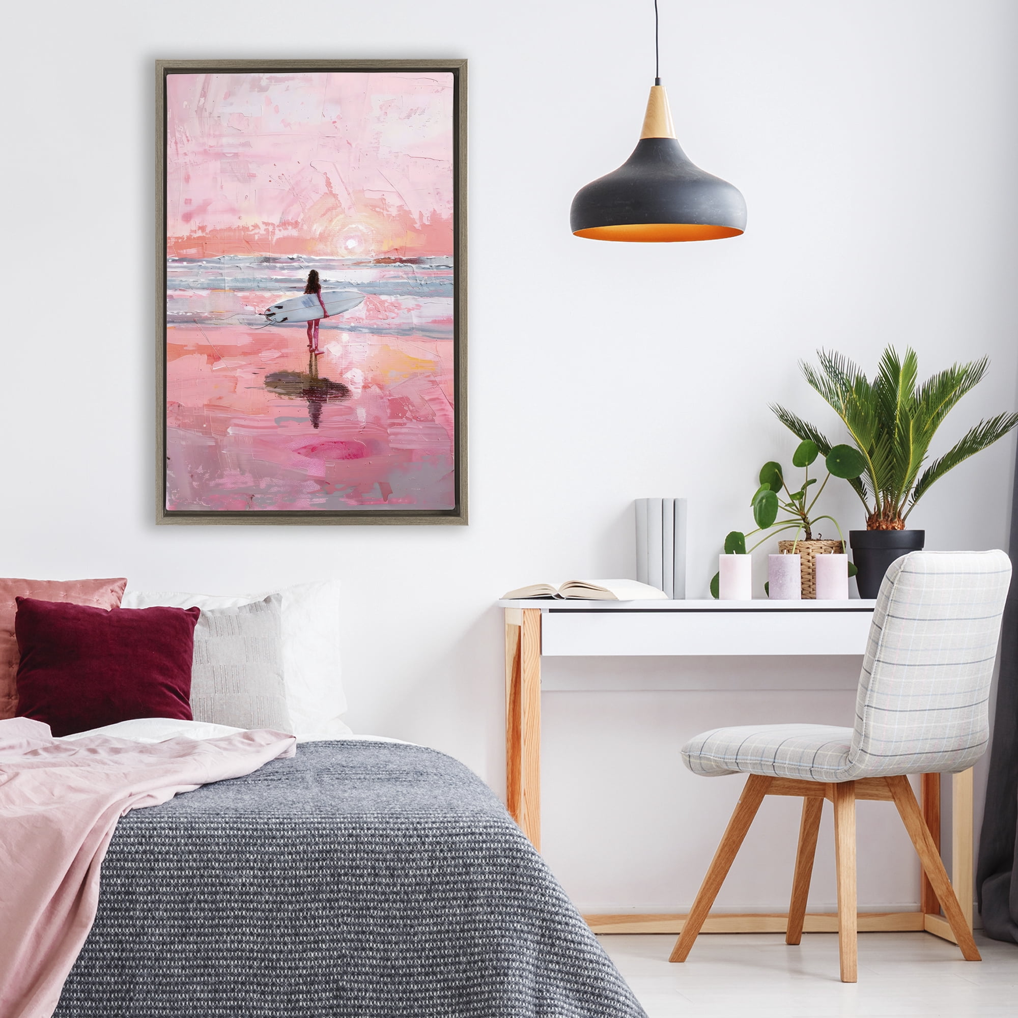 Stupell Industries Surfer at Pink Sunset Brown Framed Floater Canvas Wall Art, design by Creative Studio
