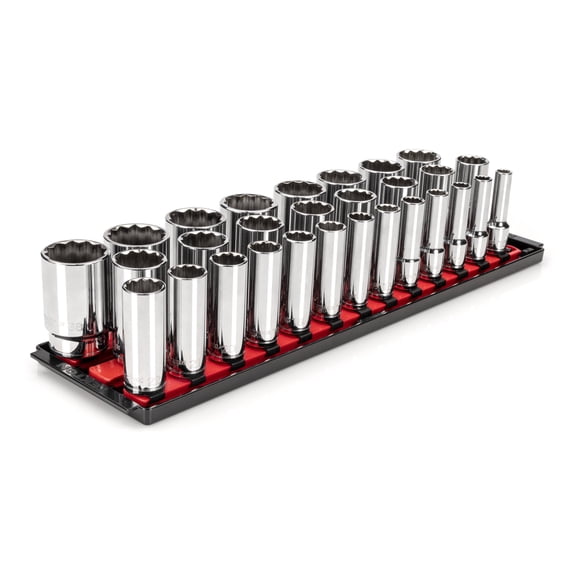TEKTON 1/2 Inch Drive Deep 12-Point Socket Set with Rails and Tray, 29-Piece (10 - 38 mm) | SHD92129