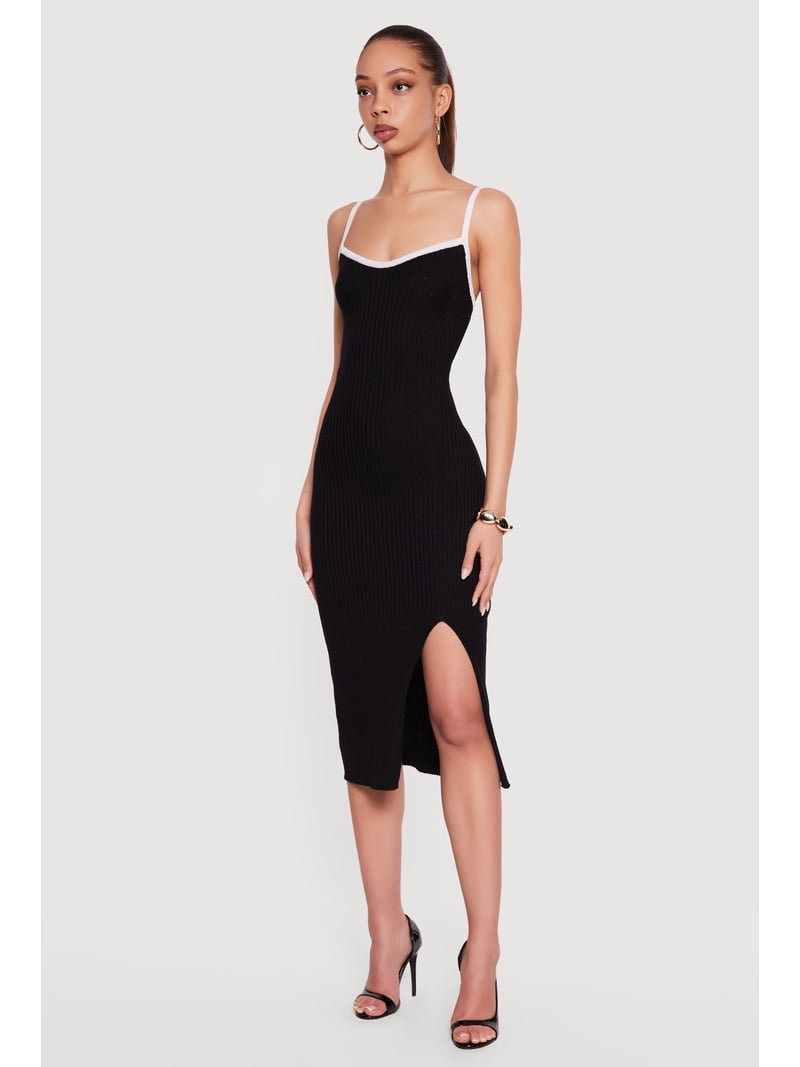 Women's Contrast Trim Rib Knit Tie Back Keyhole Cami Midi Dress