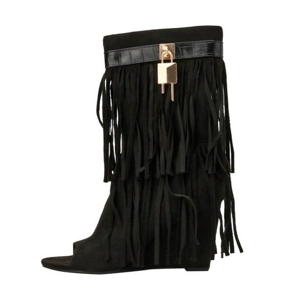 YUHAOTIN Womens Sandals Beach Black Summer Stylish Open Toe Tassels Wedges Tassel Handmade Vintage Short Boots Slope Heel Boots Boots Sandals Platform Sandal Womens Sandals with Back Strap