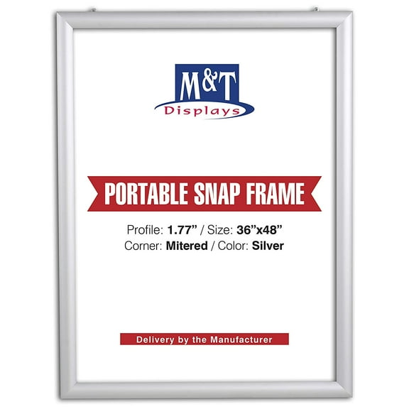 M&T Displays Portable Snap Frame, Poster Size, 1.77" Profile with White Backing and Anti-Glare Pet Cover (36x48, Silver)