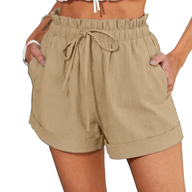Pantalones cortos de mujer Pantalones cortos con volantes en la cintura elástica Pantalones casuales con dobladillo enrollado con cordón Pantalones de verano de color puro Caqui S