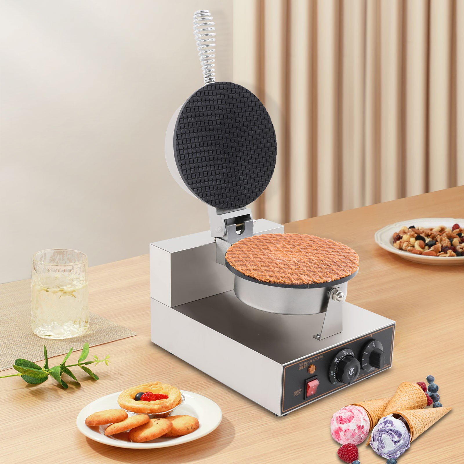 1 PCS Silver Commercial Ice Cream Cone Machine, Waffle Cone Maker, 201 Stainless Steel Electric Egg Roll Mold Ice Cream Cone Maker for Home Restaurant Use, 1200W