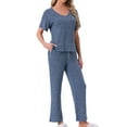 thumbnail image 2 of INSPIRE CHIC Womens Pajama Set Ribbed Knit Short Sleeve Side Slit Top and Pants 2 Piece Lounge Outfits with Pockets 2XL Blue, 2 of 5