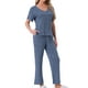 thumbnail image 2 of Conjunto de pijama para mujer INSPIRE CHIC, de dos piezas, con parte superior de manga corta de punto acanalado y pantalones con abertura lateral, con bolsillos, 2XL, azul, 2 of 5