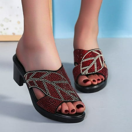 

Tangnade Woman Shoes Fashion Women s Casual Shoes Diamond Slip-on Chunky Heels Leisure Slippers Red 39