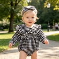 thumbnail image 2 of Baby Girl Plaid Bubble Romper Long Sleeve Ruffle Bodysuit Fall Winter Outfit 6-12 Months 12-24 Months Baby Black,0-3 Months, 2 of 7