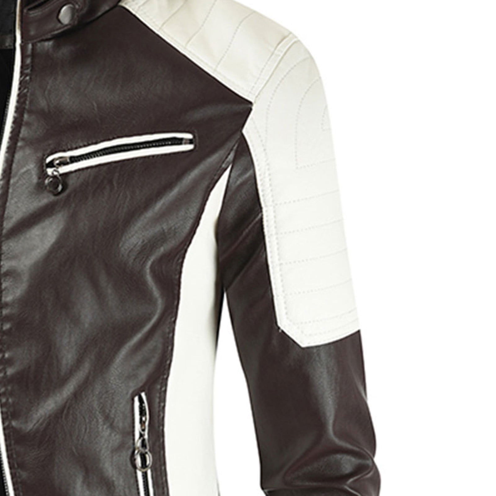 JURANMO Stand-Up Collar Men's Motorcycle Faux Leather Racing Suit Color-Blocking Pu Simulation Leather Jacket,Mens 2024 Trendy Zip Pockets Full Zipper Casual Artificial Leather Jacket