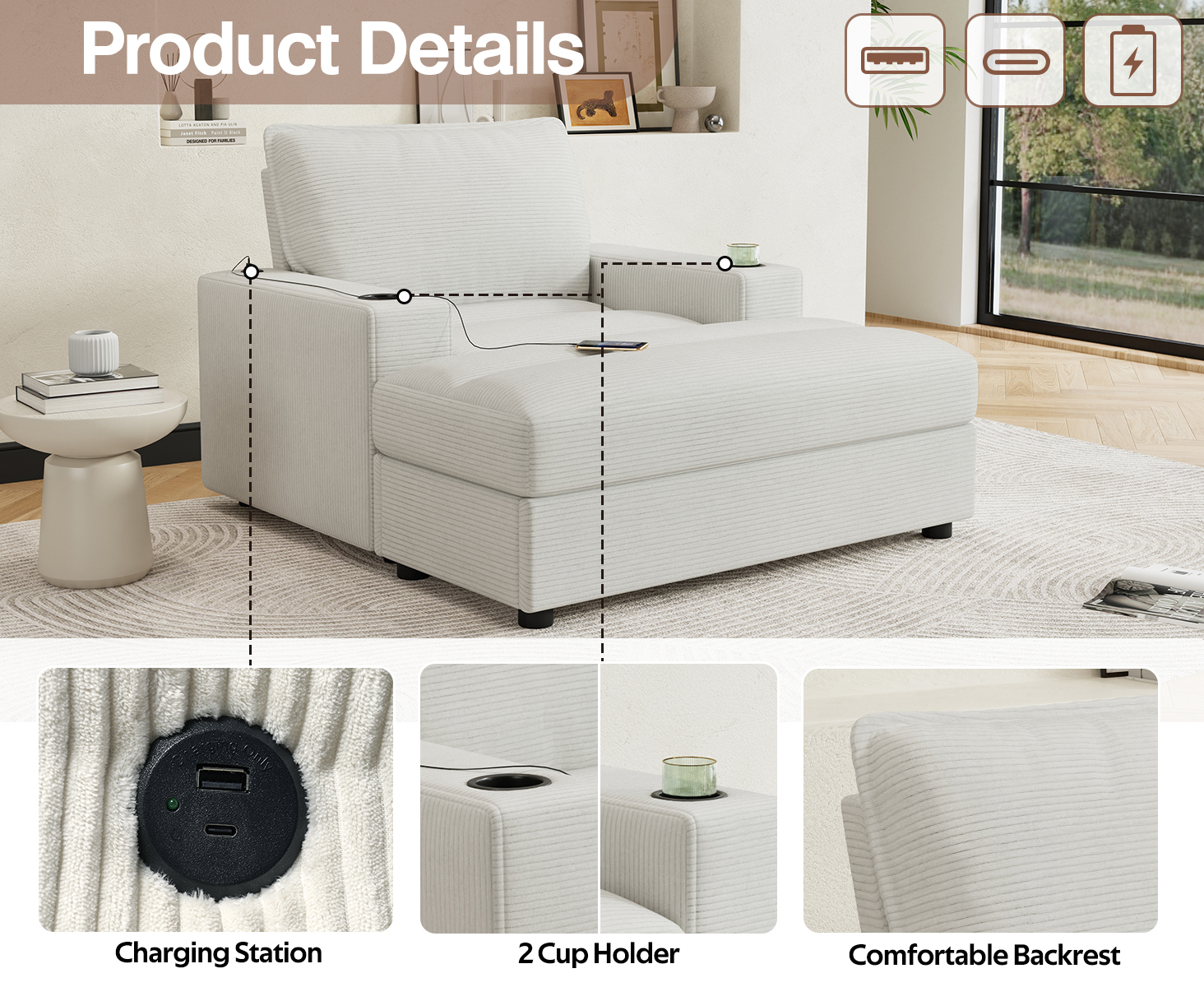 Chaise Lounge Chair, Oversized Sofa Bed with Storage Ottoman and Built-in USB Charging Port, Corduroy Upholstered Sleeper with Dual Cup Holders and Deep Seat, Reading Couch, Beige