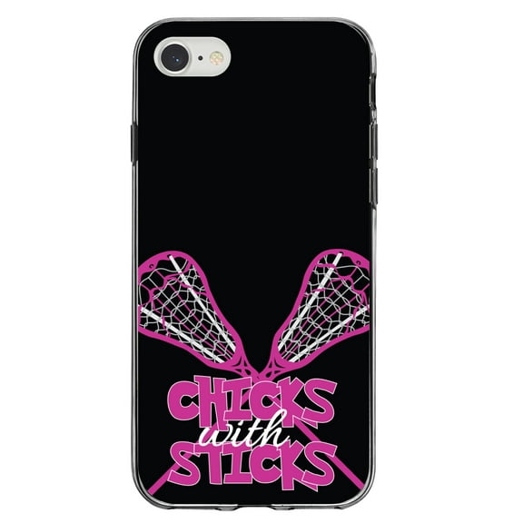 DistinctInk Clear Shockproof Hybrid Case for iPhone 7 8 SE (2020 Model) 4.7" Screen TPU Bumper Acrylic Back Tempered Glass Screen Protector - Hot Pink Lacrosse - Chicks with Sticks