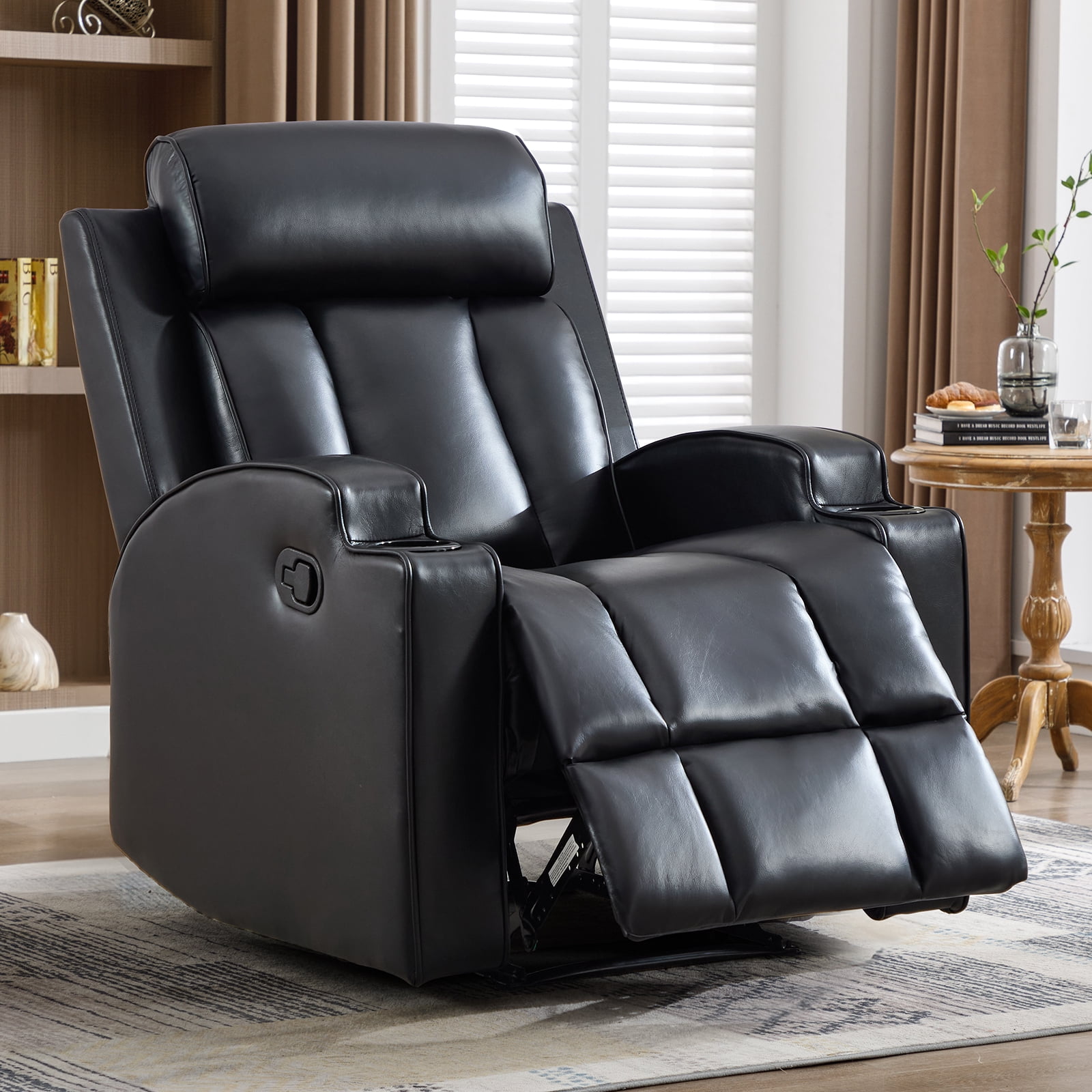 Ebello Manual Reclining Chair, PU Leather Modern Overstuffed Recliner with Cup Holders for Living Room & Home Theater, Black