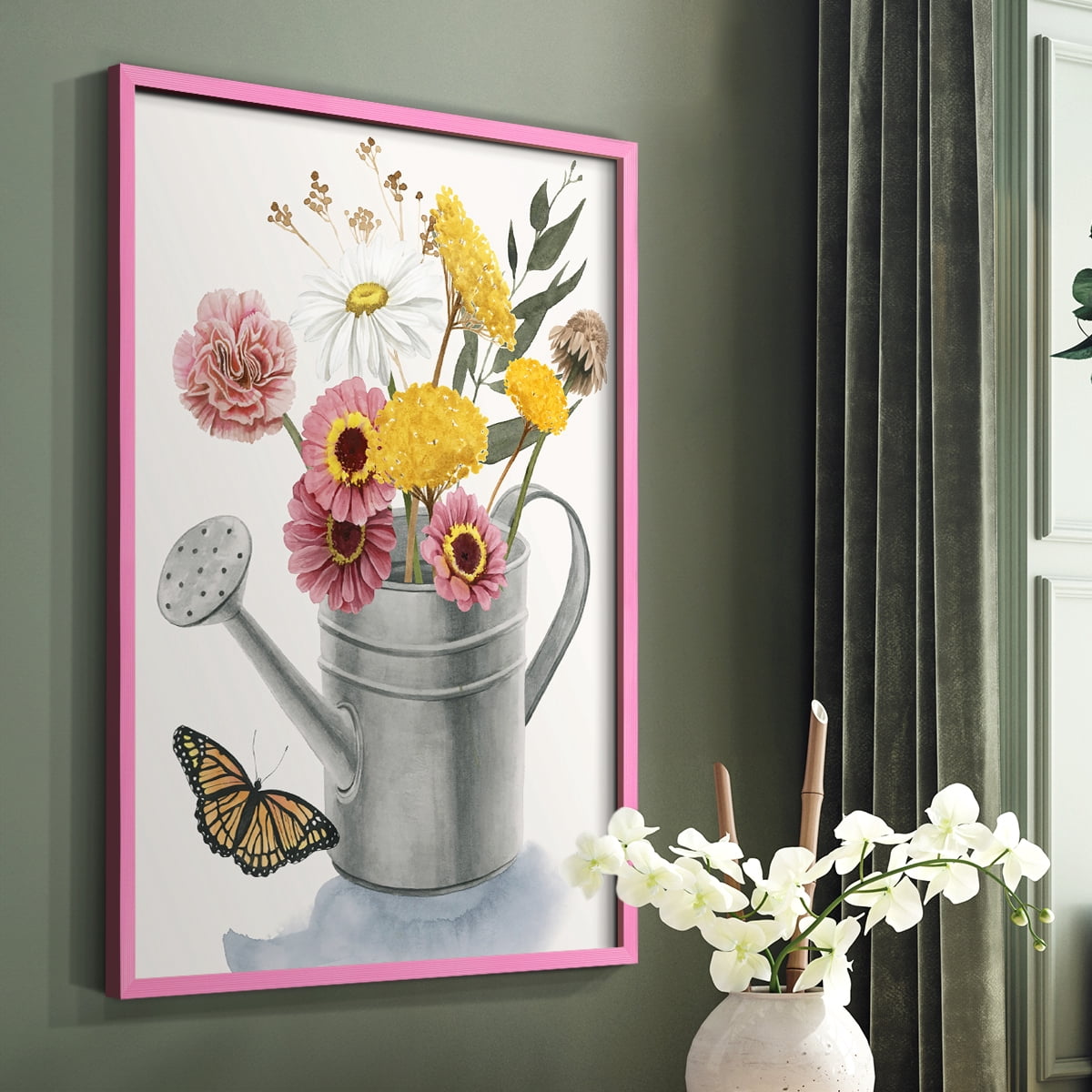 Watering Can Bouquet I Framed Print in Pink Solid Wood 8 x 10 Framed Print