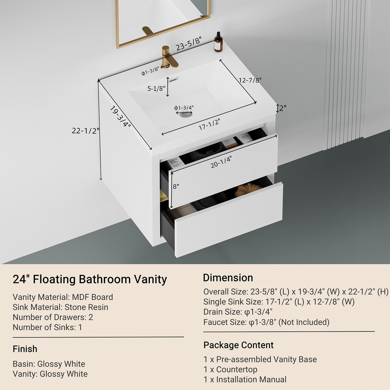 Demi Bonn 23" Wall-Mounted Bathroom Vanity with Sink, Stone Resin Countertop and 2 Soft Close Drawers, Faucets and Drains Not Included, White
