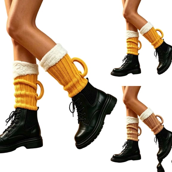 FRSASU Women's Beer Mug Socks Winter Warm Fuzzy Knitted Knee High Floor Sock with Handle Yellow