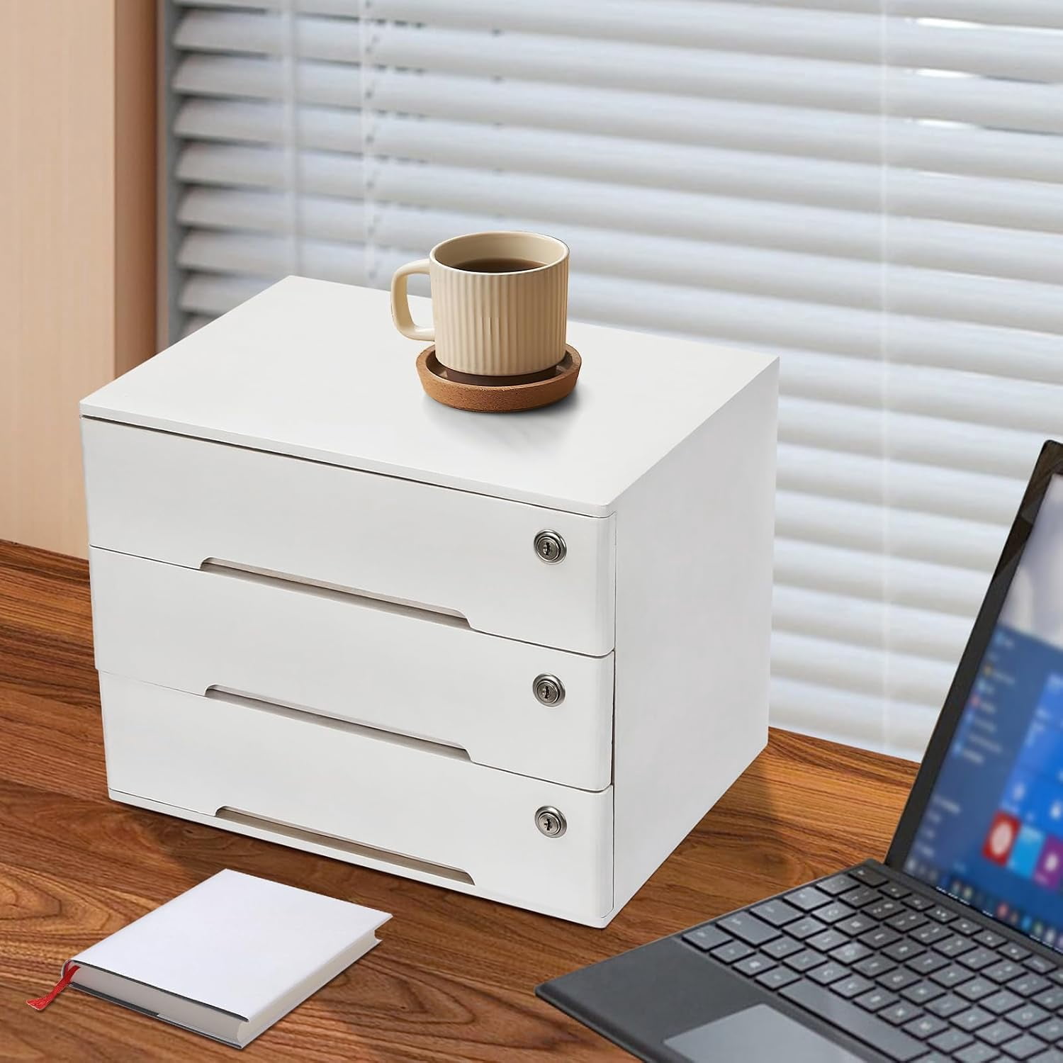 3-Drawer Desktop Storage Cabinet, White Wooden Desk Organizer Cabinet with Lockable Drawers, for Office Home Stationery & Cosmetics Storage