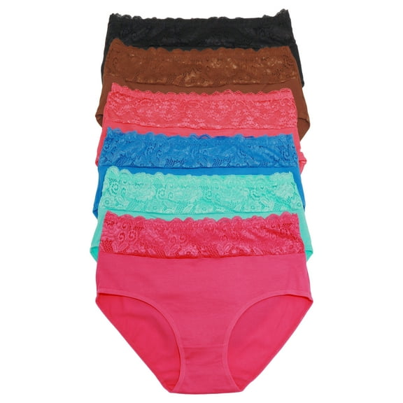 Angelina Women's Cotton Mid-Rise Briefs with Floral Lace Front Waist (6-Pack)